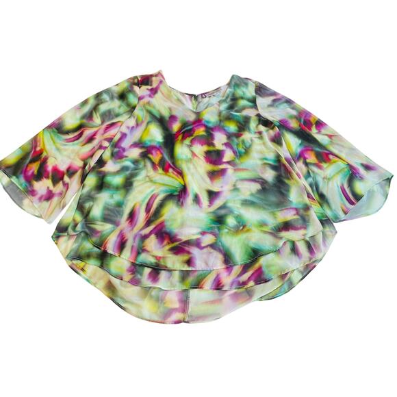 Jennifer Lopez Green Purple Psychedelic Print Layered Chiffon Bell Sleeve Top M - Picture 9 of 11